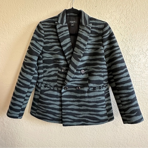 Ann Taylor Green Zebra Print Wool Coat‎ Double Breasted Statement Blazer Petite - Picture 9 of 10
